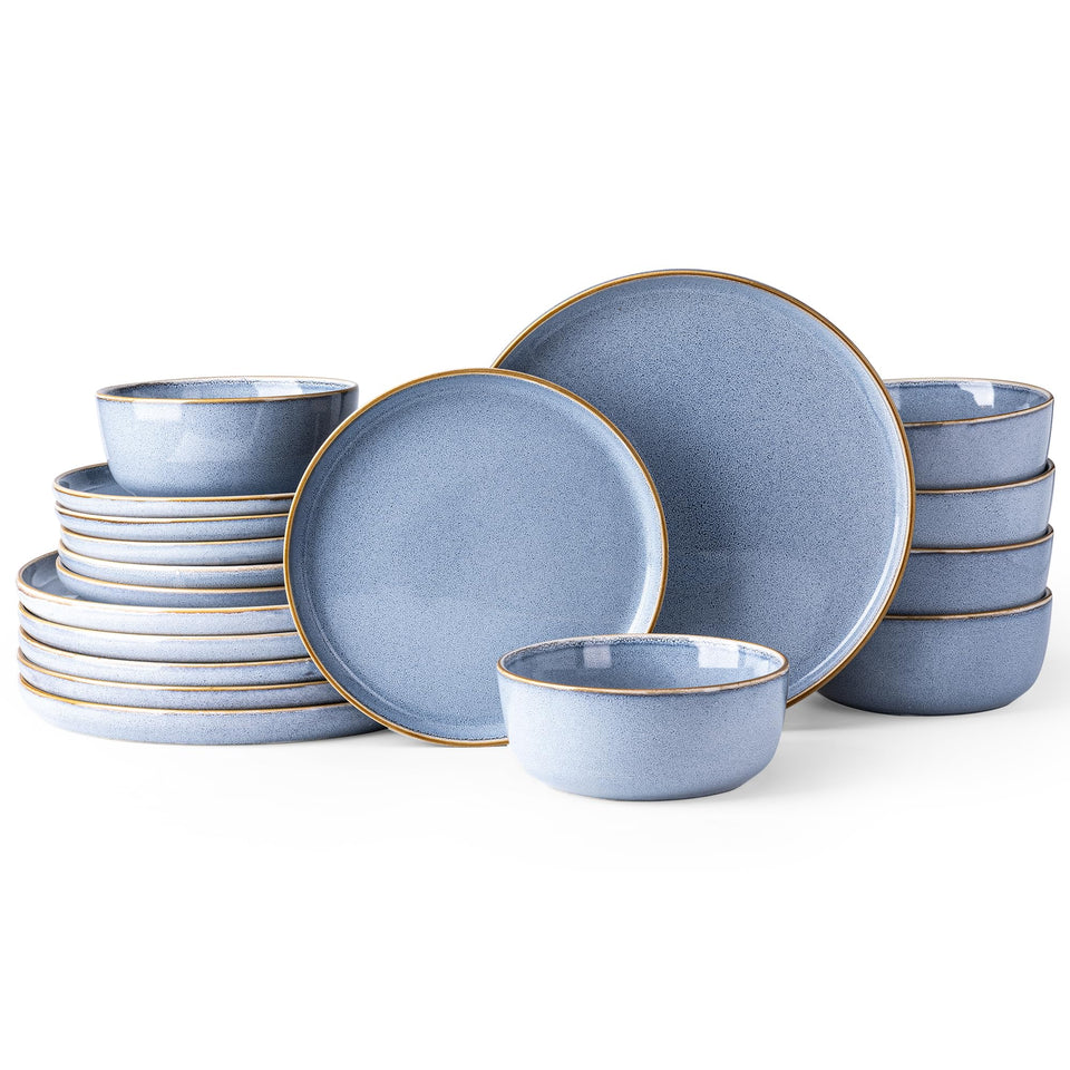 GBHOME Ceramic Dinnerware Sets for 8, 24 Pieces Stoneware Plates and Bowls Sets, Scratch Resistant Dishes, Dishwasher & Microwave Safe, Reactive Glaze-Green Wheat