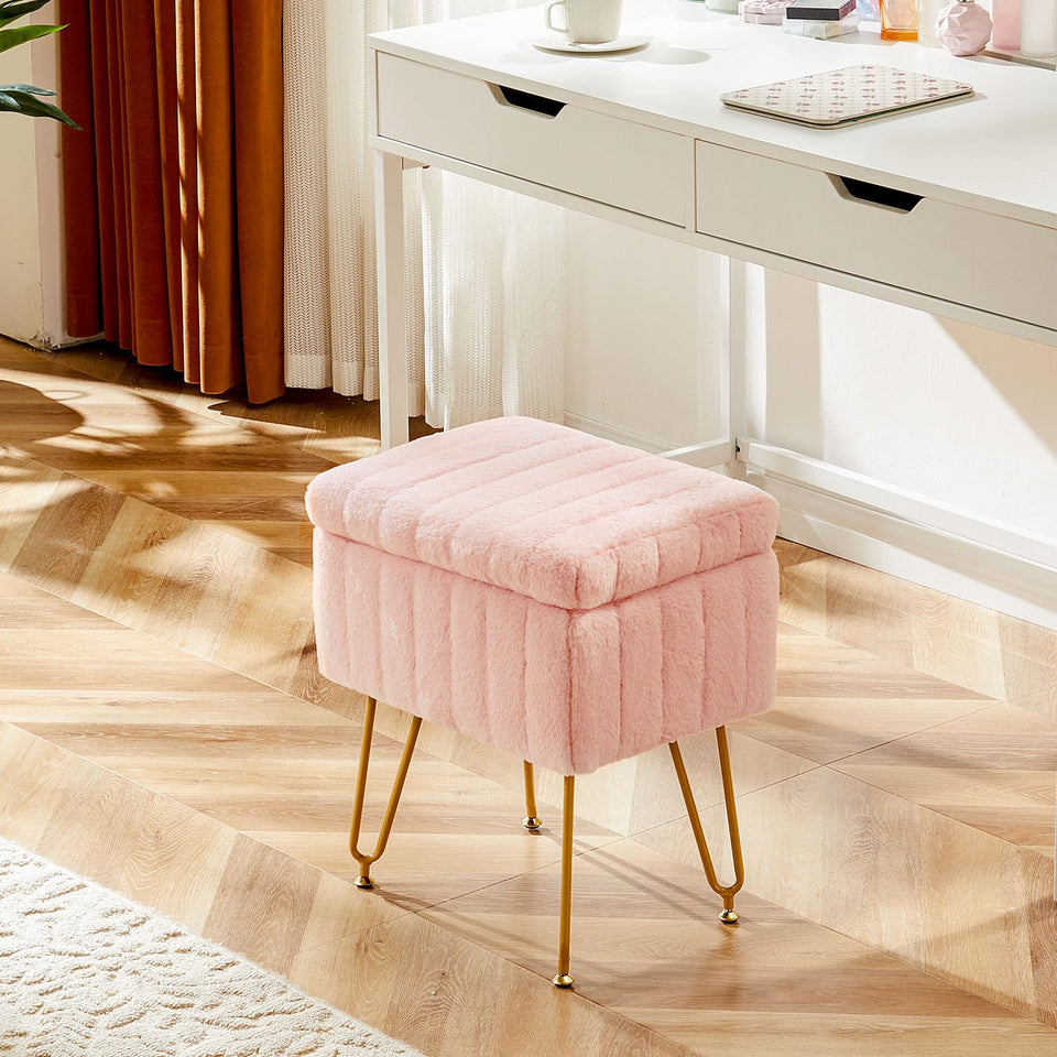Sweetcrispy Vanity Stool Chair with Storage, Ottoman Faux Fur Soft Padded Makeup Footstools Seat with 4 Metal Legs Anti-Slip Adjustable Feet Modern Cute Small Footrest for Home Entryway Bedroom White