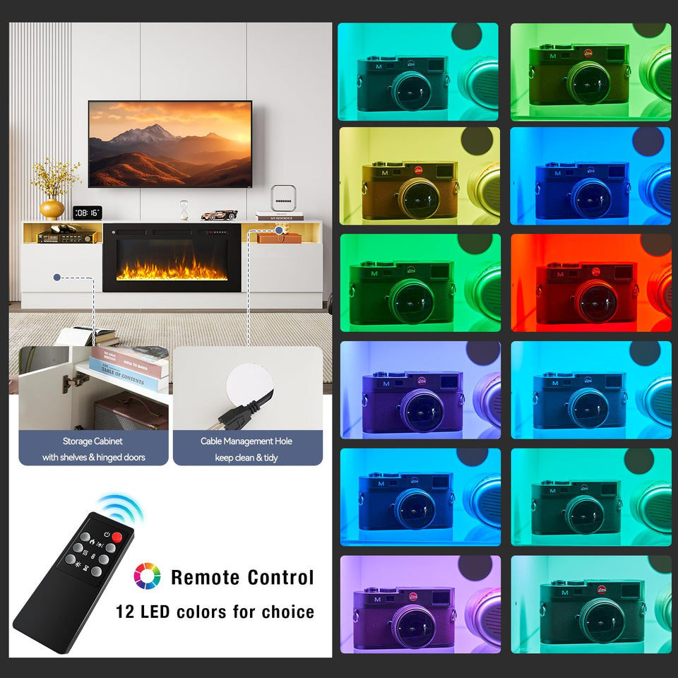 OneBlis 80" Fireplace TV Stand, LED Light Entertainment Center for TVs Up to 90", High-Gloss Door, Modern TV Console for Living Room with Storage Cabinet, Black+Black