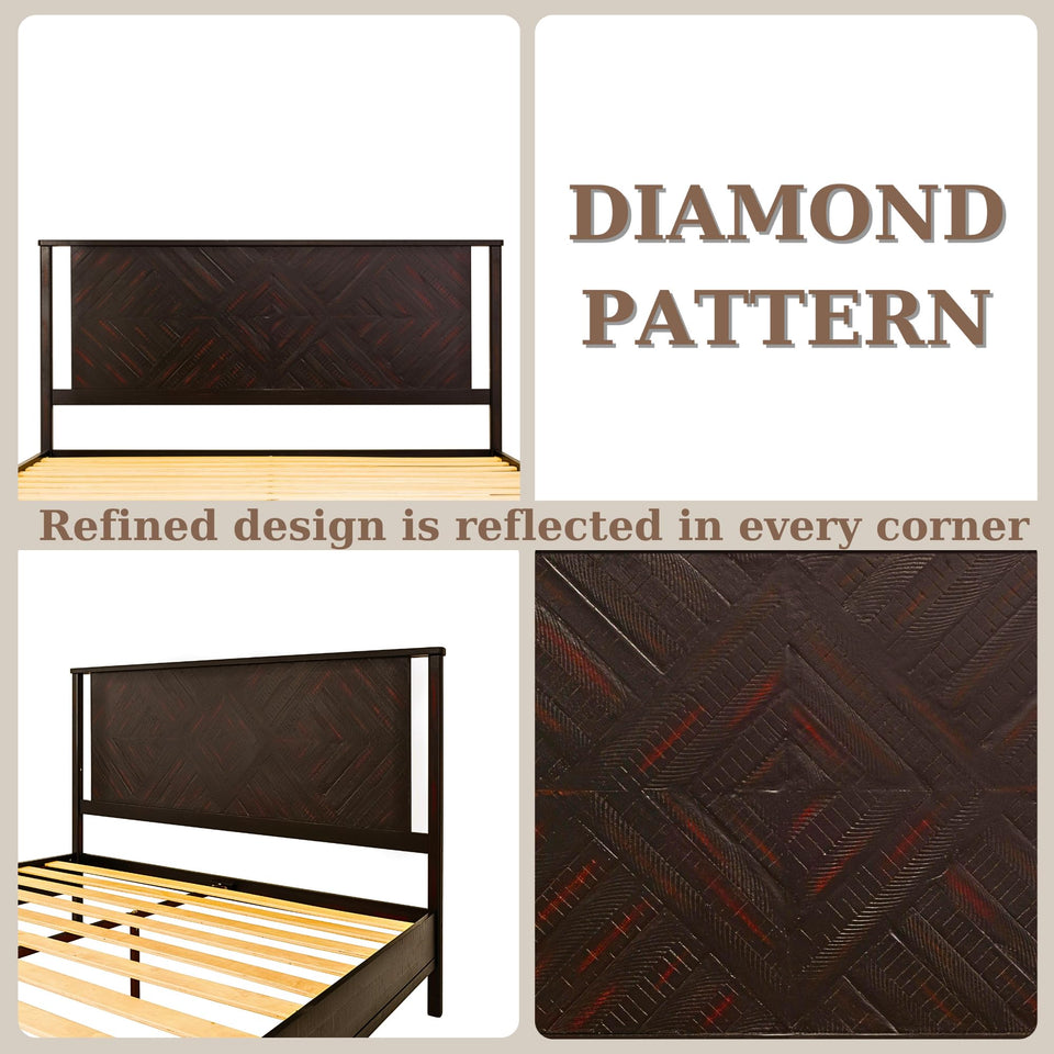 Bme Vivian 14 Inch Deluxe Bed Frame with Headboard, Rustic & Scandinavian Style with Solid Acacia Wood, No Box Spring Needed, 12 Strong Wood Slat Support, Easy Assembly, King, Rustic Golden Brown