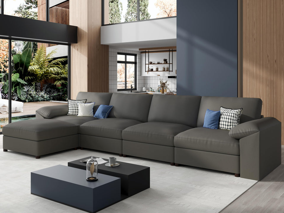 EASE MOOSE Leather Sectional Couch, Oversized Modular Sectional Sofas, Wide Deep Seat Modular Couch, Scratch Resistant Faux Leather Material, L Shaped Sofa for Big Spaces,Beige