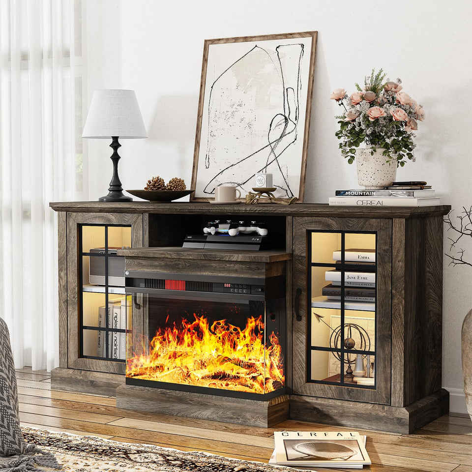 oneinmil 36 Inch 3-Sided Glass Fireplace TV Stand for TVs up to 80", Rustic Media Entertainment Center Console Table with Glass Door Closed Storage, Set of TV Table, White