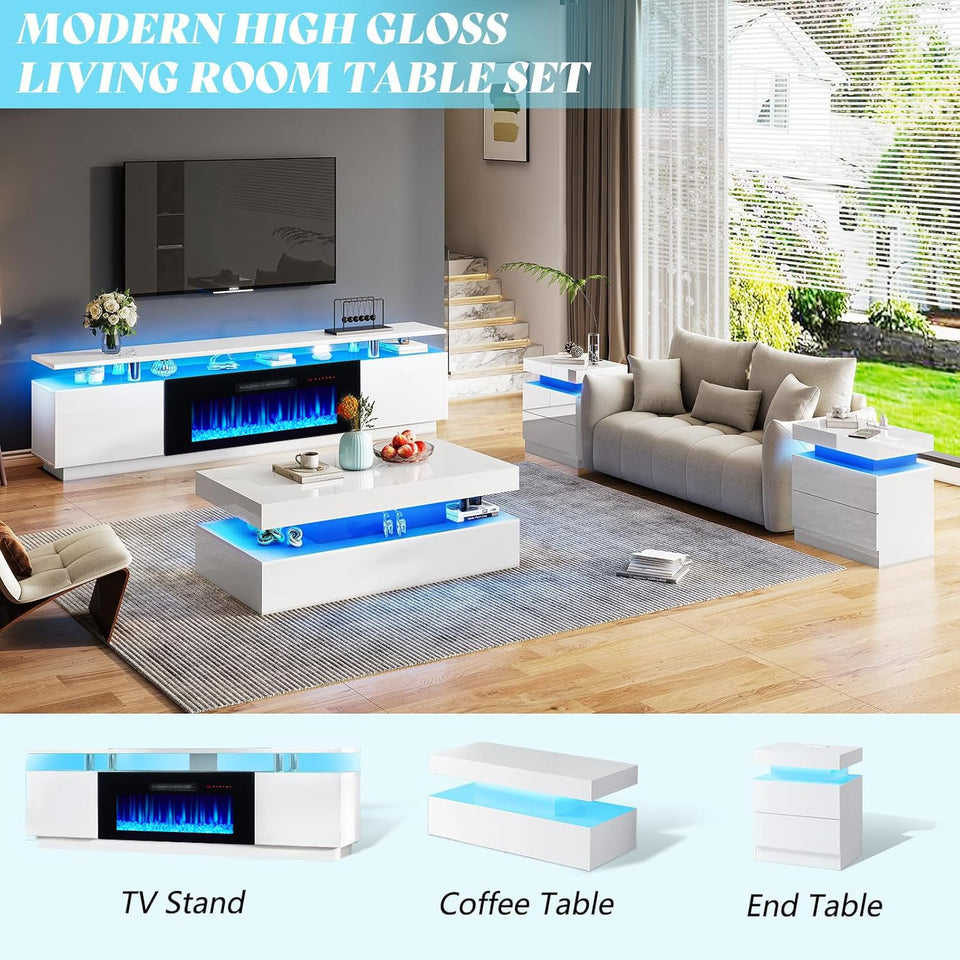 AMERLIFE Fireplace TV Stand with 36" Fireplace, 70" Modern High Gloss Fireplace Entertainment Center LED Lights, 2 Tier TV Console Cabinet for TVs Up to 80", Obsidian Black