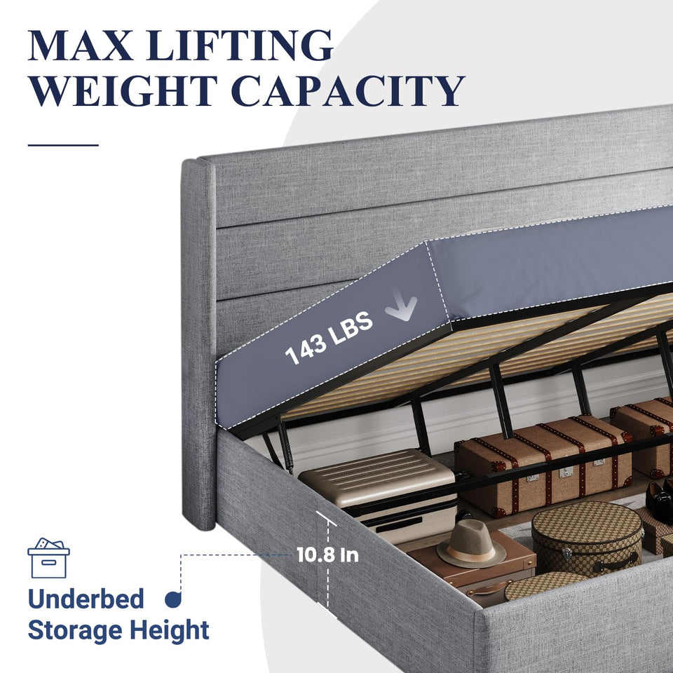 Allewie King Size Lift Up Storage Bed, Modern Wingback Headboard, Hydraulic Support, No Box Spring Needed, Light Beige