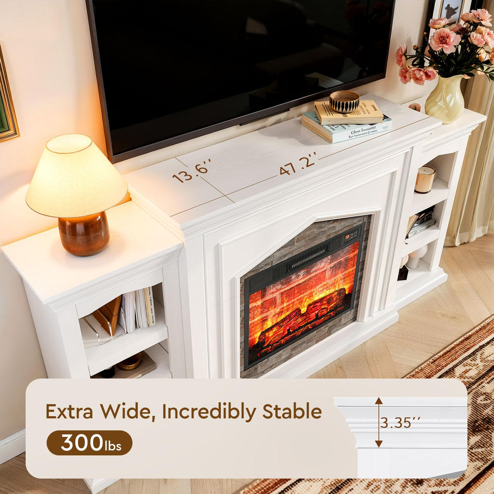 LGHM 72" Electric Fireplace with Mantel, Fireplace TV Stand for TVs Up to 80 Inch, Modern Entertainment Center with Storage, Realistic Stacked Stone Surround with Remote Control for Living Room