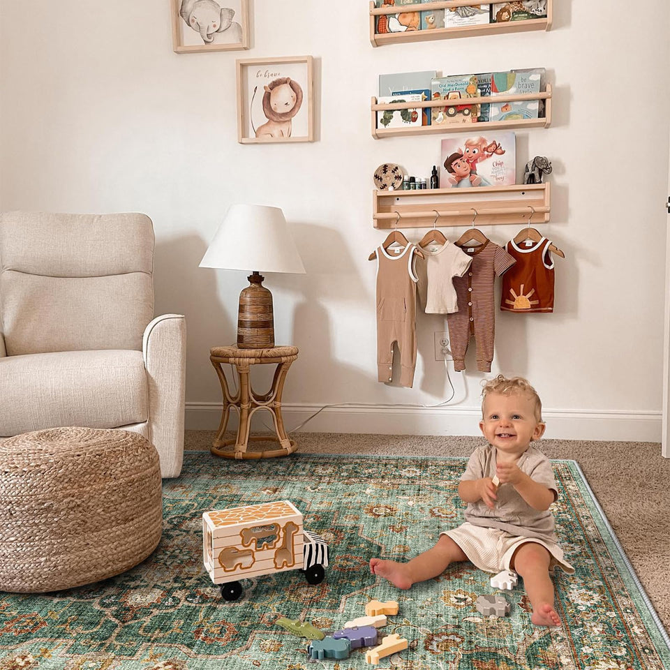 TOPRUUG Washable Oriental Area Rug - 12x15 Rugs for Living Room Soft Carpet for Bedroom Waterproof Floral Distressed Indoor Stain Resistant Non-Shedding Floor Carpets (Green, 12x15)