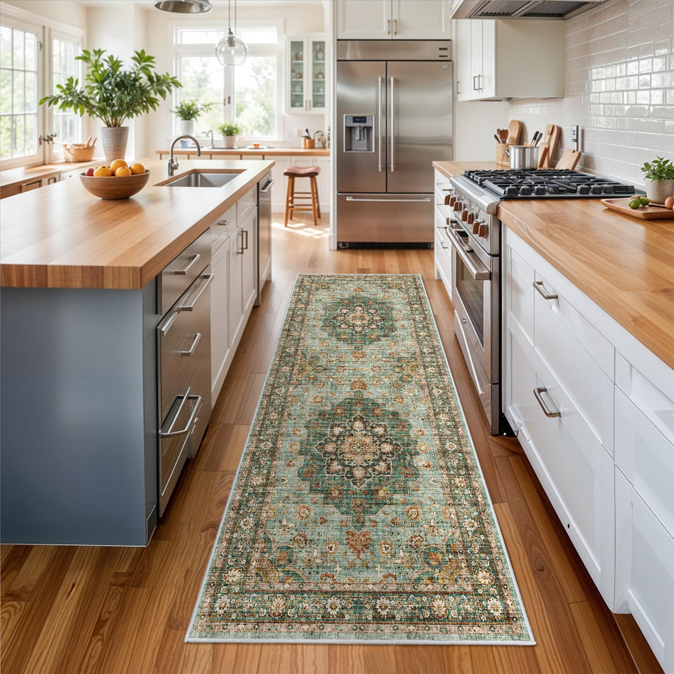 TOPRUUG Washable Oriental Area Rug - 12x15 Rugs for Living Room Soft Carpet for Bedroom Waterproof Floral Distressed Indoor Stain Resistant Non-Shedding Floor Carpets (Green, 12x15)