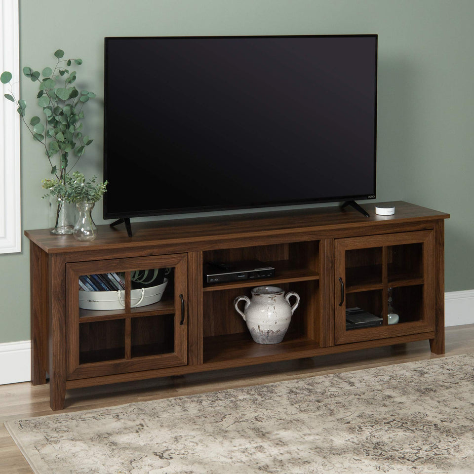 Walker Edison Portsmouth Classic 2 Glass Door TV Stand for TVs up to 80 Inches, 70 Inch, Dark Walnut