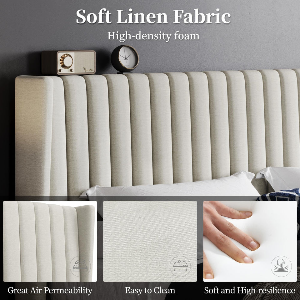 Yaheetech King Bed Frame Upholstered Platform Bed with Fabric Headboard, Wing Edge Design/Non-Slip and Noise-Free/Wooden Slats Support/No Box Spring Needed/Easy Assembly, Ivory King Bed