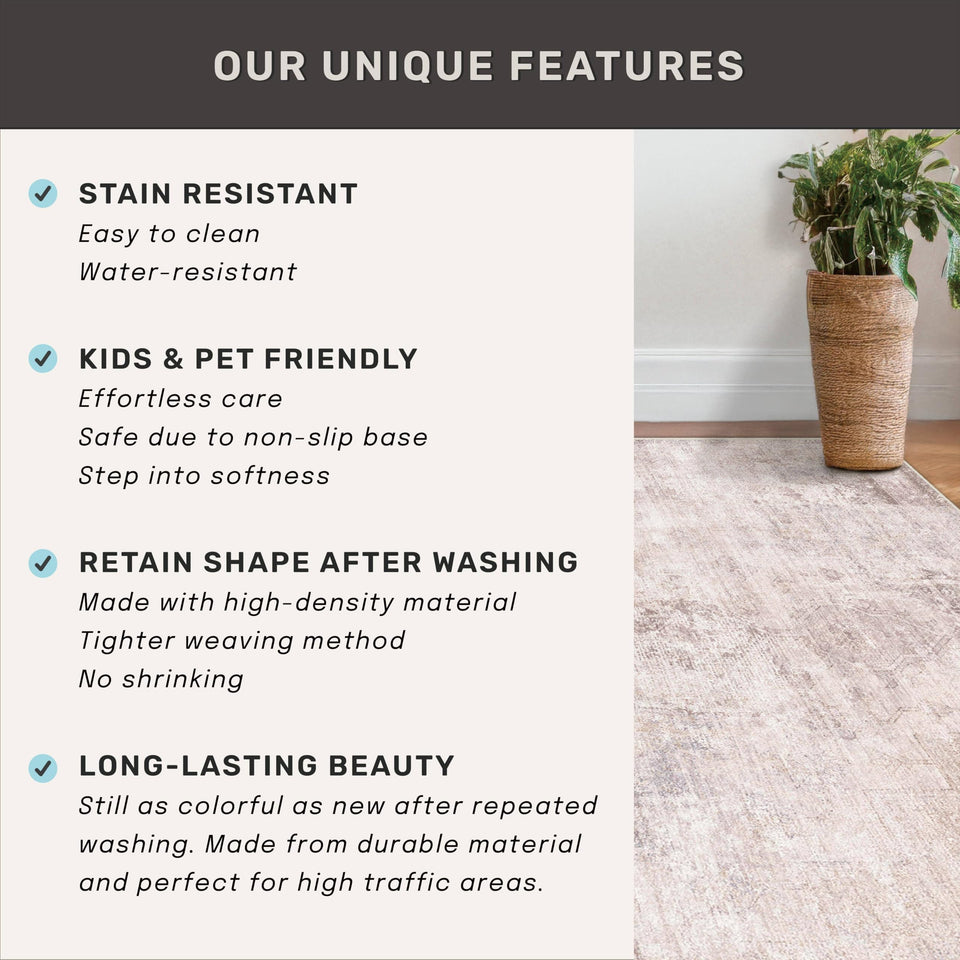 Neutral Living Room Rug - 10x14 Farmhouse Beige Brown Large Area Rug for Dining Room, Bedroom, Low Pile Lightweight Washable