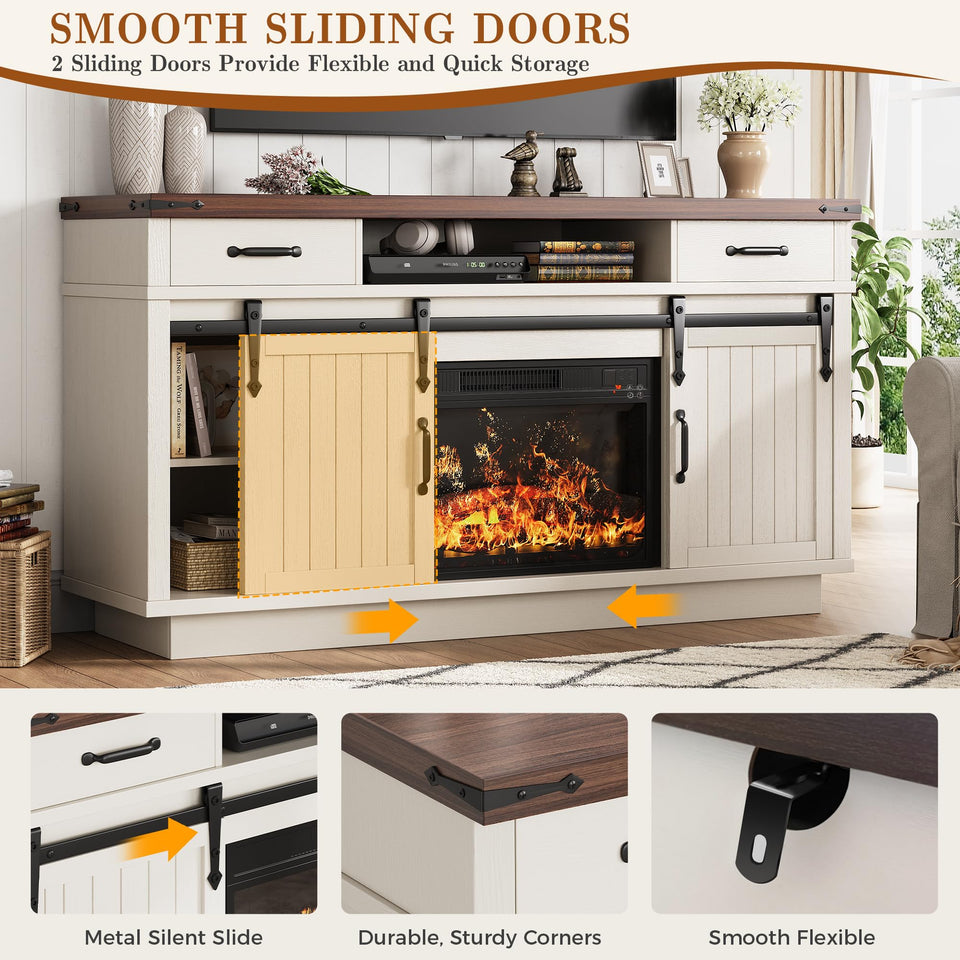 59'' Fireplace TV Stand with 3D Flame Electric Fireplace Heater, 34'' Tall Farmhouse TV Stand for 65 Inch TV, Entertainment Center TV Console with 2 Drawers, Sliding Barn Door for Living Room - White