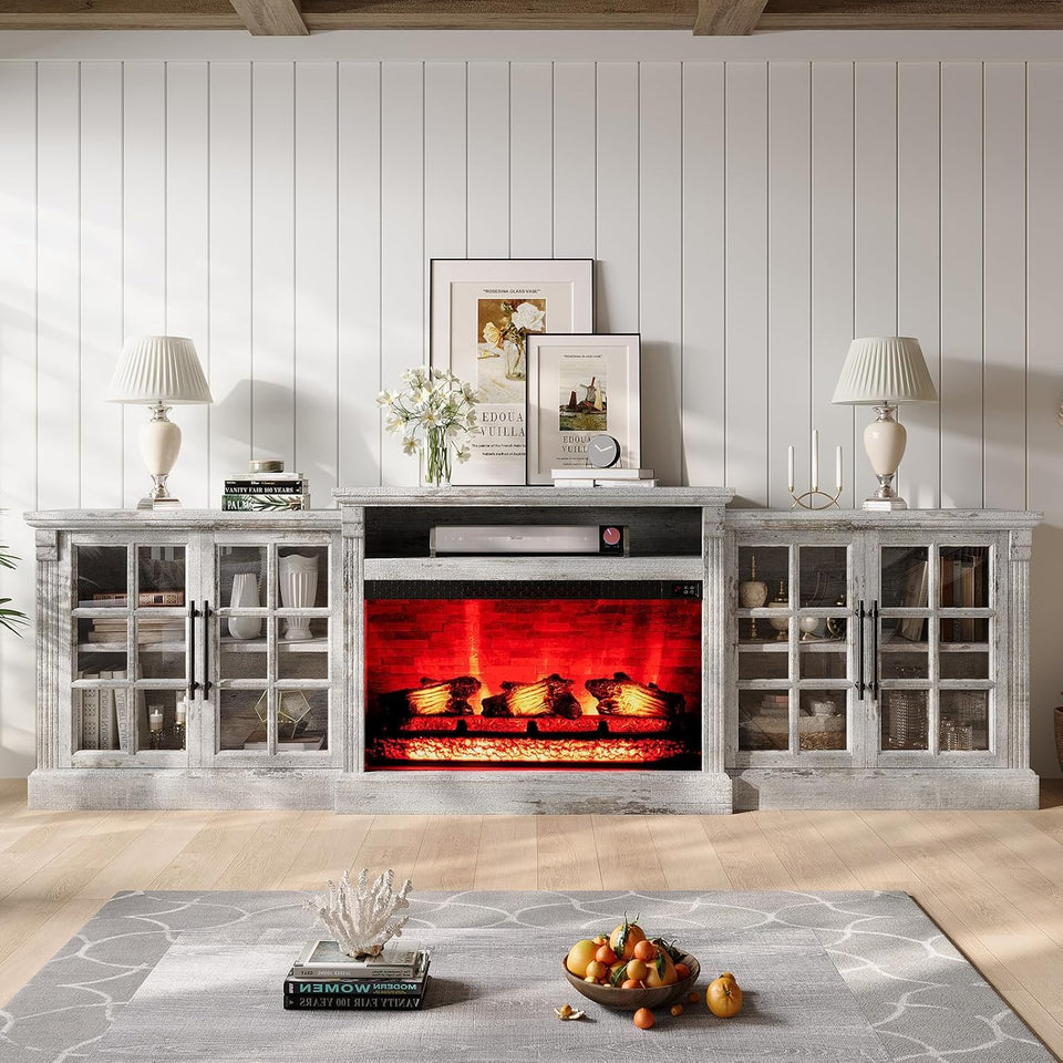 LUXOAK 97" Farmhouse TV Stand with 33" Fireplace for TVs up to 100", Media Entertainment Center with Large Storage Cabinet and Adjustable Shelves for Living Room, White/Barnwood