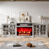 LUXOAK 97" Farmhouse TV Stand with 33" Fireplace for TVs up to 100", Media Entertainment Center with Large Storage Cabinet and Adjustable Shelves for Living Room, White/Barnwood