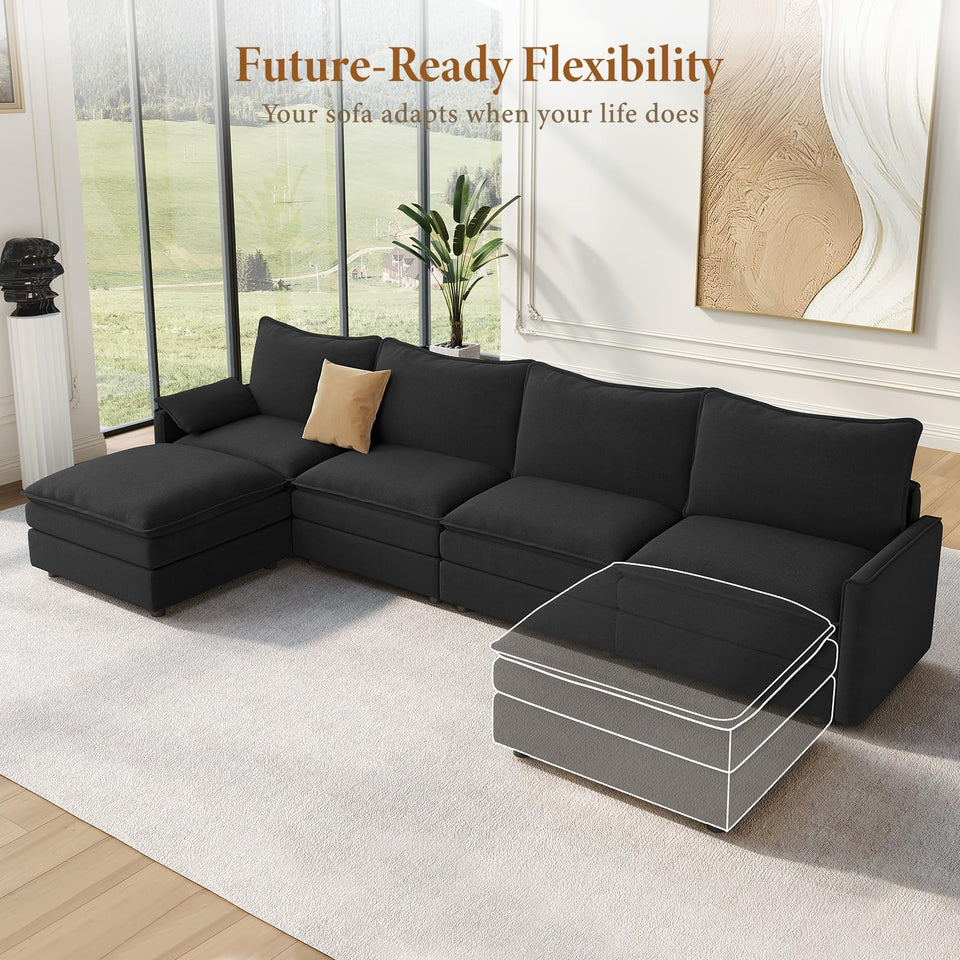 Vesgantti 142" U Shaped Sectional Couch, Comfy Cloud Modular Sectional Sofa with 2 Ottoman Deep Seat Chenille Modern Cloud Sofa, Modular Sofas for Living Room, Bedroom and Apartment, Beige