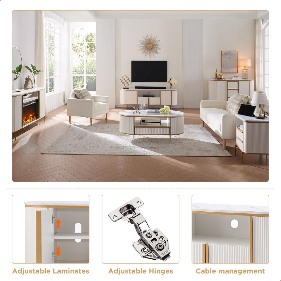 OKD Luxury 70" Fluted TV Stand, Modern Chic Entertainment Center for TVs Up to 80 inches, TV Console with Faux Marble Top, Curved Profile Design, Media Console for Living Room, Natural Oak