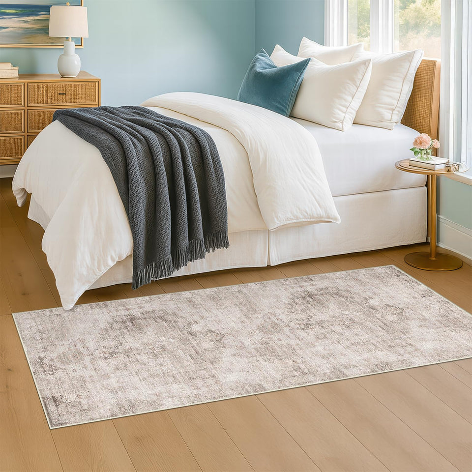 Neutral Living Room Rug - 10x14 Farmhouse Beige Brown Large Area Rug for Dining Room, Bedroom, Low Pile Lightweight Washable