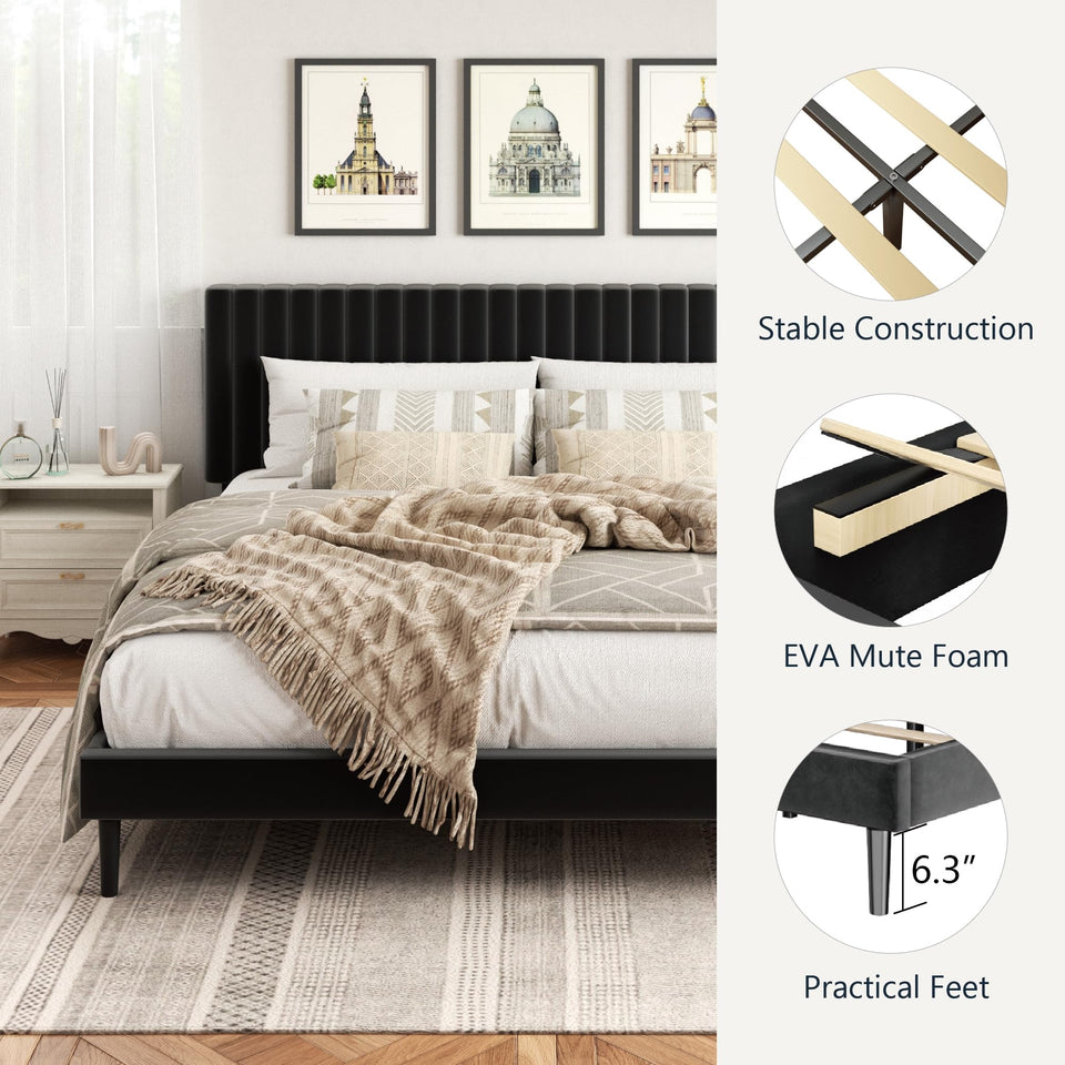HAOARA King Size Bed Frame,King Size Platform Bed Frame and Velvet Upholstered Headboard with Strong Wood Slats, Box Spring Optional, Mattress Foundation, Easy Assembly Beige
