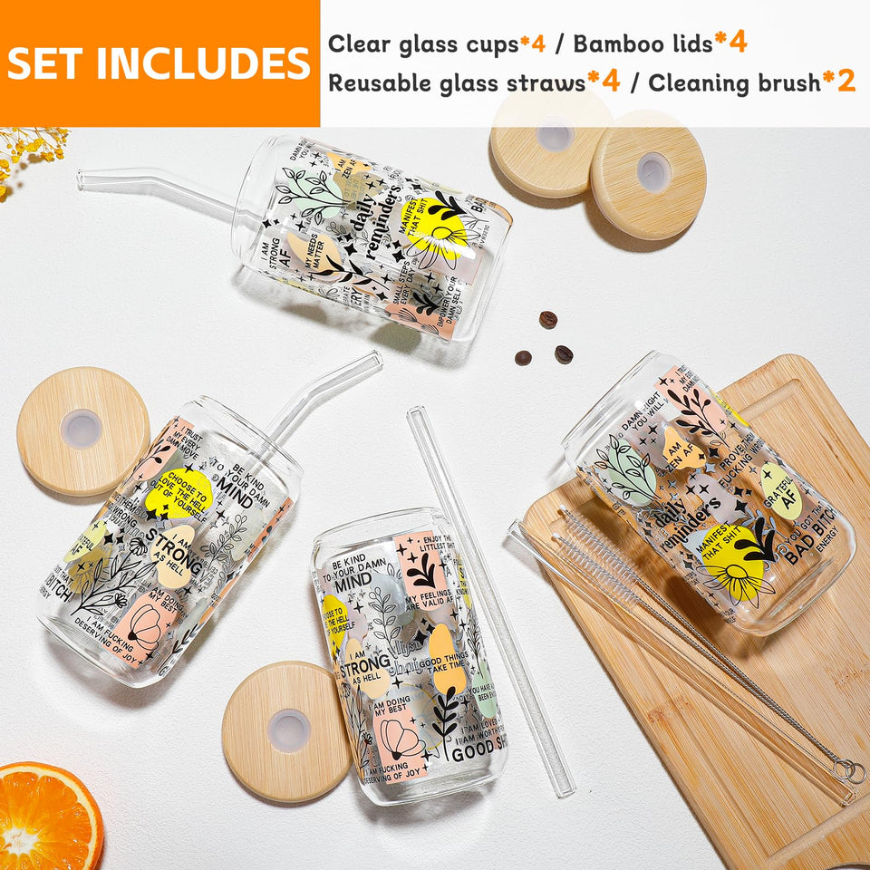 DWTS DANWEITESI Glass Cups with Lids and Straws 4 pcs,16oz Drinking Glasses Set for Coffee Bar Accessories,Iced Coffee Cups with Lids,Matcha Cup Glass Tumbler Reusable for Gifts