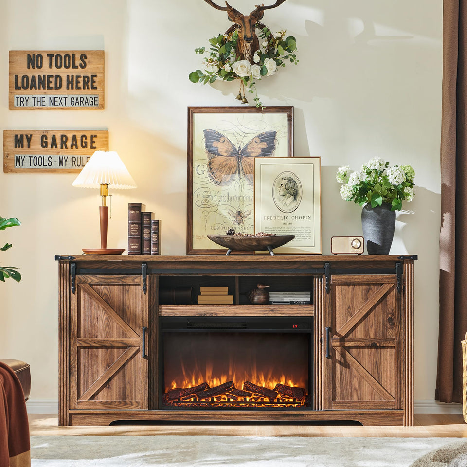 JXQTLINGMU Farmhouse TV Stand for 75+ Inch TV, 32" Tall Entertainment Center w/4 Drawers & Sliding Barn Door, Rustic Media Console w/Storage Shelves, 66" Wood Television Stand for Living Room, Brown