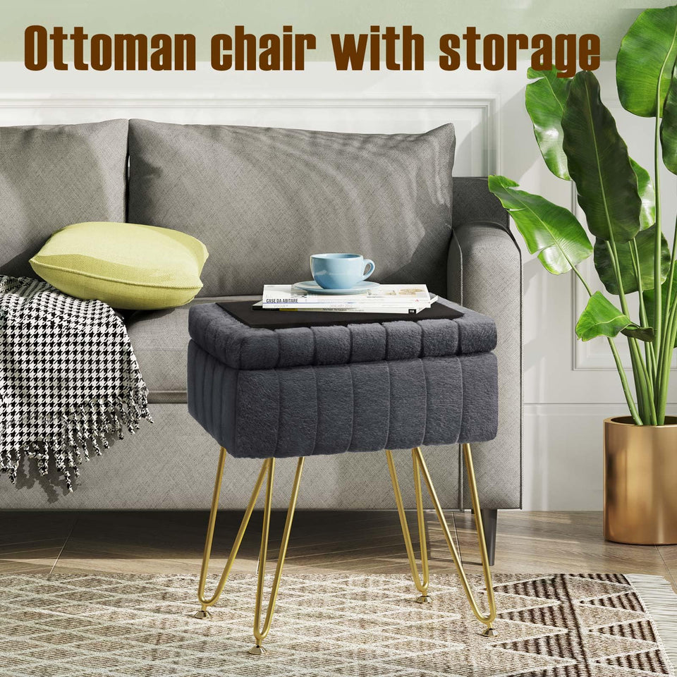 Greenstell Vanity Stool Chair Faux Fur with Storage, 15.7"L x 11.8"W x 19.4"H Soft Ottoman 4 Metal Legs with Anti-Slip Feet, Furry Padded Seat, Modern Multifunctional Chairs for Makeup, Bedroom Pink