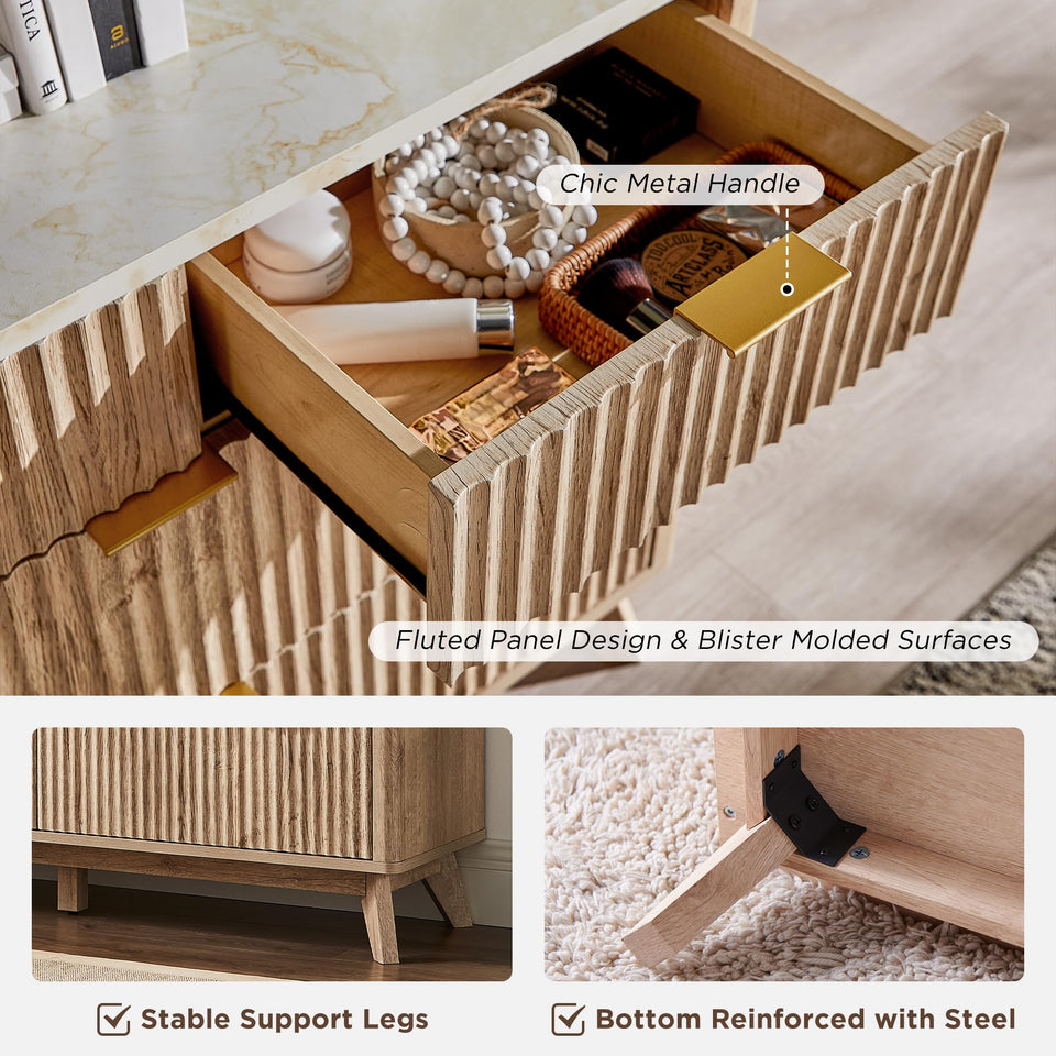 T4TREAM Fluted 7 Drawers Dresser, 54" Wide Modern Chest of Drawers with Faux Marble Top, Curved Profile Design, Dresser TV Stand, Wood Drawer Organizer for Bedroom, Living Room, Hallway, Natural Oak