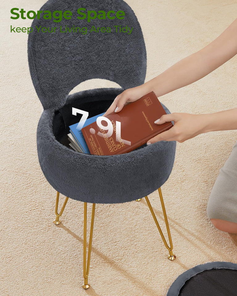 GREENSTELL Small Vanity Stool Chair with Storage and Folding Back, 13" x 13" x 17.7" Faux Fur Soft Ottoman for Teenager, 4 Metal Legs with Anti-Slip Feet, Furry Padded Seat for Makeup, Bedroom, White