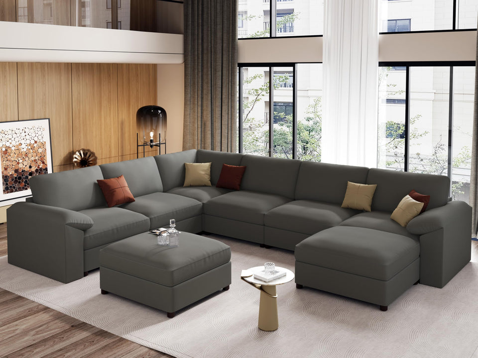 EASE MOOSE Leather Sectional Couch, Oversized Modular Sectional Sofas, Wide Deep Seat Modular Couch, Scratch Resistant Faux Leather Material, L Shaped Sofa for Big Spaces,Beige