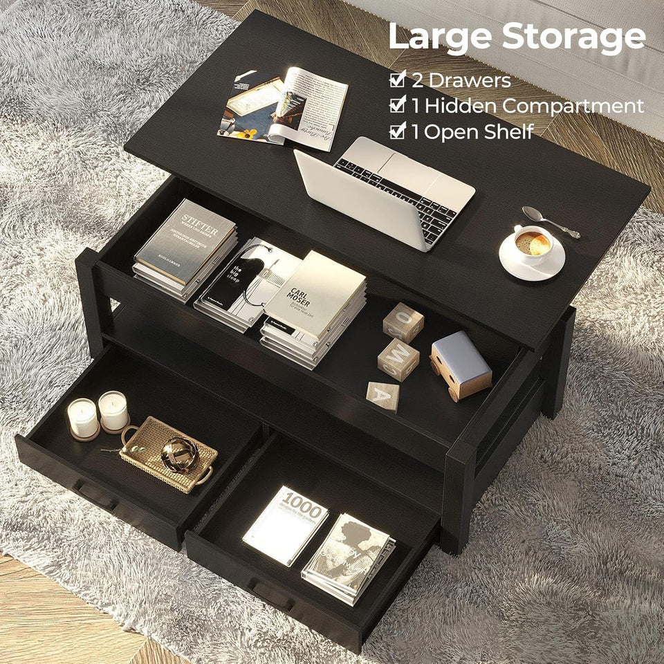 Rolanstar Coffee Table, Lift Top Coffee Table with Drawers and Hidden Compartment, Retro Central Table with Wooden Lift Tabletop, for Living Room,Espresso
