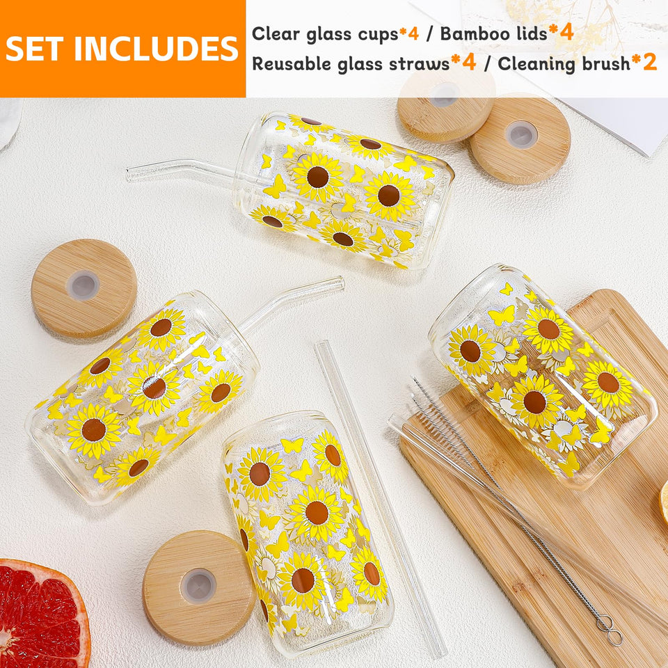 DWTS DANWEITESI Glass Cups with Lids and Straws 4 pcs,16oz Drinking Glasses Set for Coffee Bar Accessories,Iced Coffee Cups with Lids,Matcha Cup Glass Tumbler Reusable for Gifts