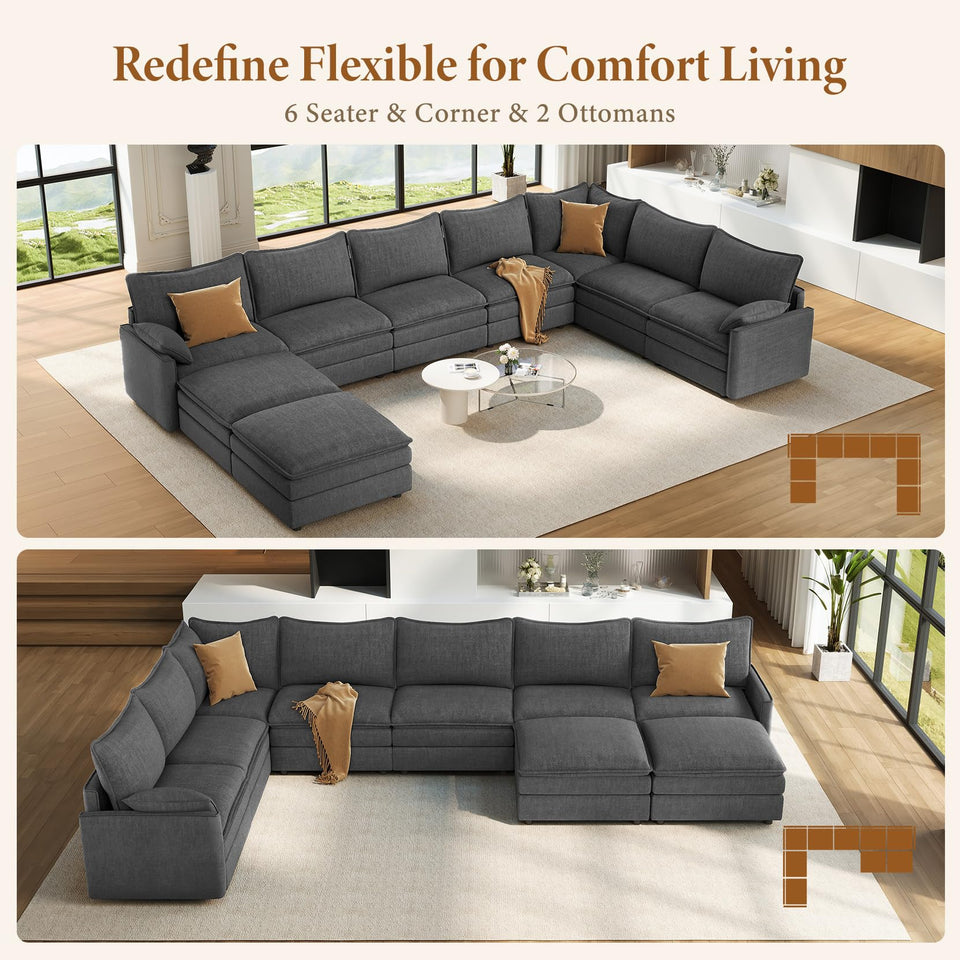 Vesgantti 142" U Shaped Sectional Couch, Comfy Cloud Modular Sectional Sofa with 2 Ottoman Deep Seat Chenille Modern Cloud Sofa, Modular Sofas for Living Room, Bedroom and Apartment, Beige