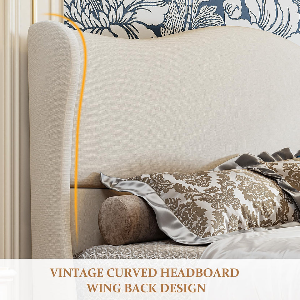 koorlian King Size Bed Frame Upholstered Platform Bed with 51" Tall Headboard Wingback, Soft Fabric, Retro Simple Style Platform Bed No Box Spring Needed, Easy Assembly, Beige