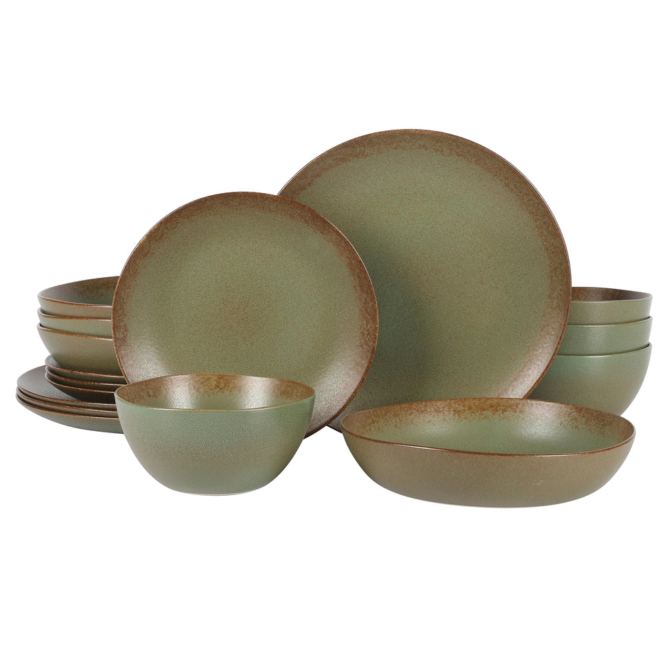Bloomhouse Santorini Mist Double Bowl Terracotta Reactive Glaze Plates and Bowls Dinnerware Set - Amber, Service for Four (16pcs)