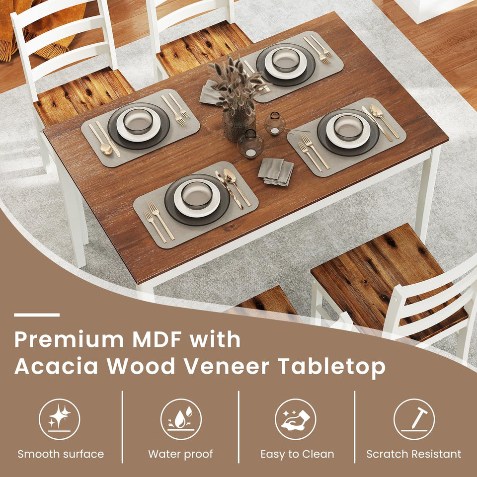 POWERSTONE Dining Table Set for 4, Kitchen Table Chairs Set of 4 with Rubber Wood Legs, Farmhouse 5 Piece Dining Table Set Solid Wood for Kitchen Dining Room Dinner (Brown)