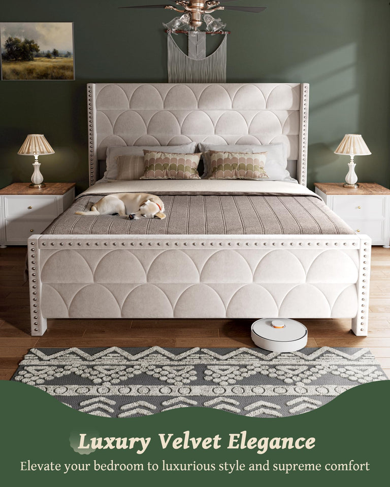 OHOHOLIVE King Size Bed Frame with 56" Headboard - 1000LBS Capacity Support, Velvet Upholstered Wingback Platform Bed Frame, Noise Free, Sturdy Wooden Slat Support