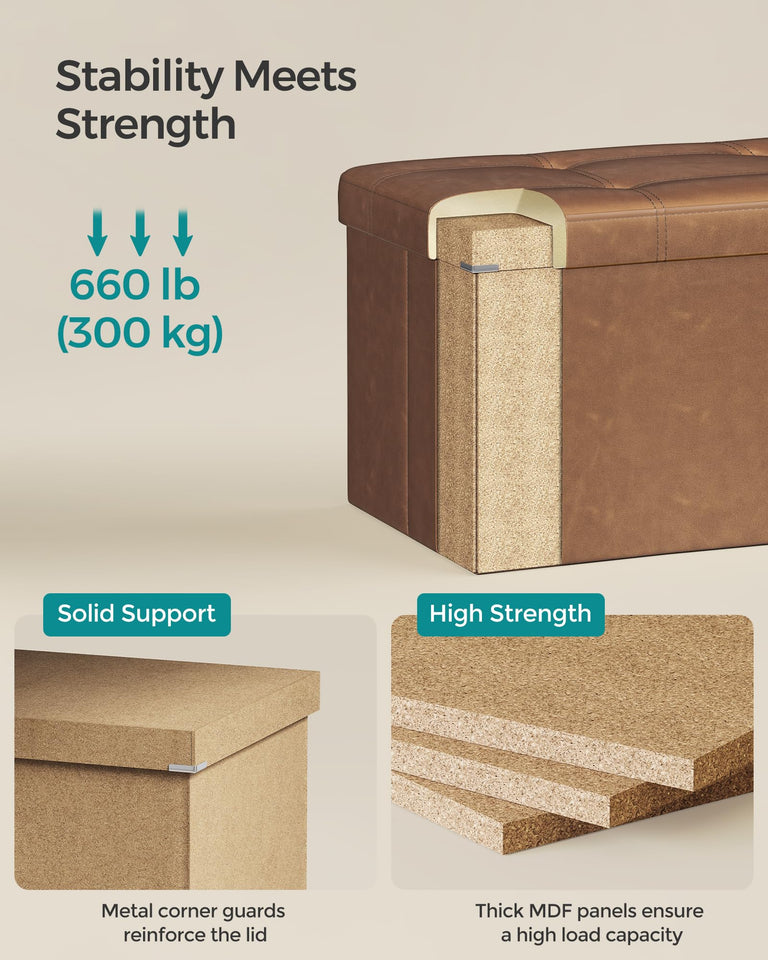 SONGMICS MAZIE Collection - 43 Inches Folding Storage Ottoman Bench, Ottoman with Storage, Foot Rest Stool, Load 660 lb, for Living Room, Synthetic Leather, Black ULSF701