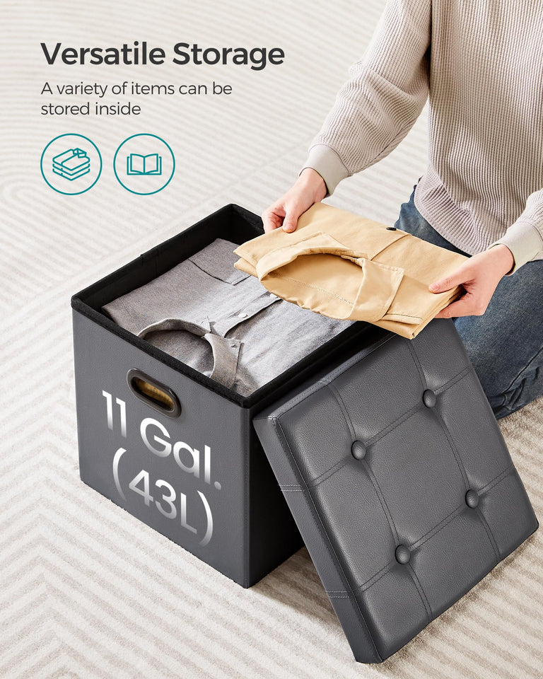 SONGMICS MAZIE Collection - 30 Inches Storage Ottoman Bench with Flipping Lid, Storage Chest Footstool, Load 660 lb, for Entryway, Living Room, Bedroom, Synthetic Leather, Black ULSF45BK