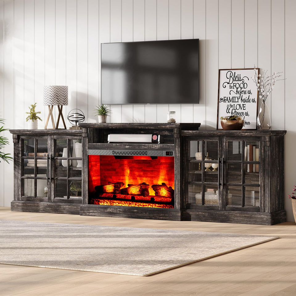 LUXOAK 97" Farmhouse TV Stand with 33" Fireplace for TVs up to 100", Media Entertainment Center with Large Storage Cabinet and Adjustable Shelves for Living Room, White/Barnwood