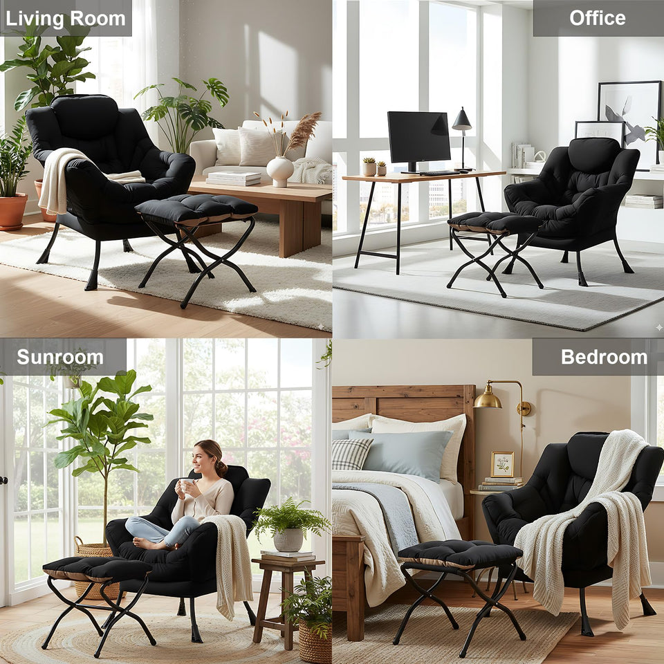 LITA Lazy Chair with Ottoman, Modern Accent Leisure Upholstered Lazy Sofa Armchair, Contemporary Lounge Reading Chair with Armrests and a Side Pocket for Living Room, Bedroom & Small Space, Dark Grey