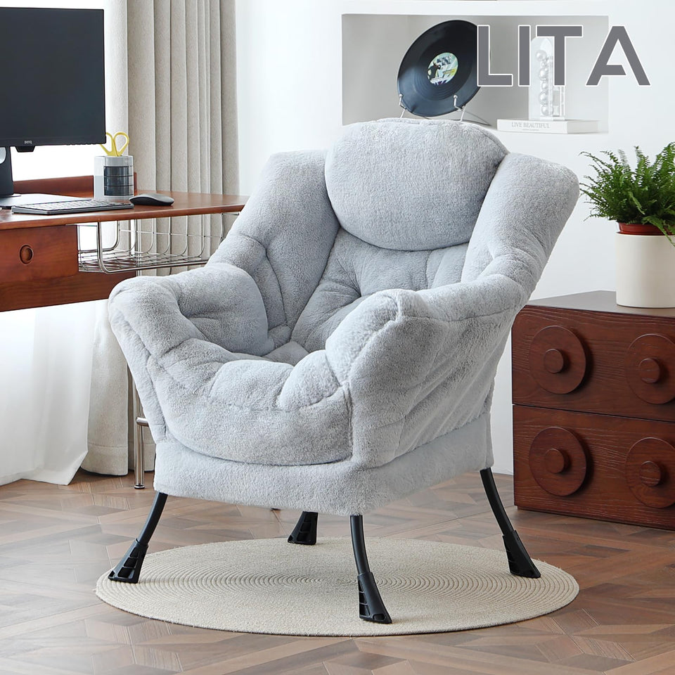 LITA Lazy Chair with Ottoman, Modern Accent Leisure Upholstered Lazy Sofa Armchair, Contemporary Lounge Reading Chair with Armrests and a Side Pocket for Living Room, Bedroom & Small Space, Dark Grey