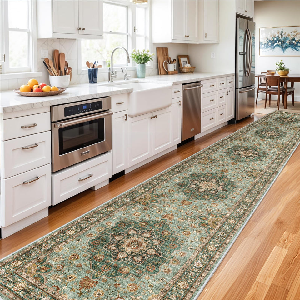 TOPRUUG Washable Oriental Area Rug - 12x15 Rugs for Living Room Soft Carpet for Bedroom Waterproof Floral Distressed Indoor Stain Resistant Non-Shedding Floor Carpets (Green, 12x15)