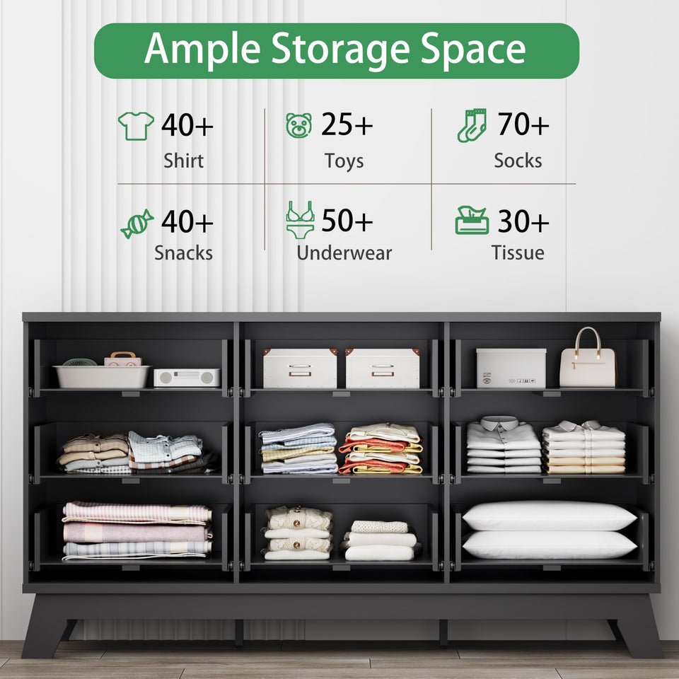 Fluted Dresser for Bedroom with 9 Drawers, 57" Wide Modern Chest of Drawers with Metal Handle, Wooden Dresser TV Stand, Wood Closet Clothes Storage Organizer for Living Room, Hallway, Natural Oak