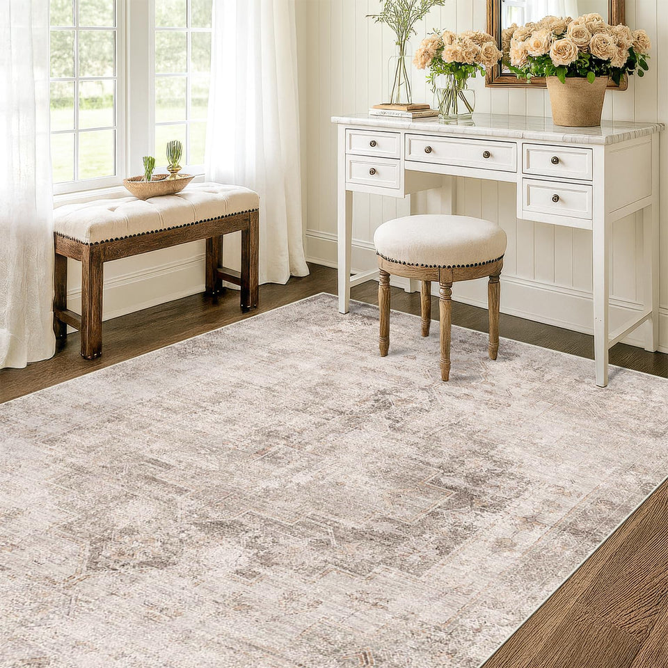 Neutral Living Room Rug - 10x14 Farmhouse Beige Brown Large Area Rug for Dining Room, Bedroom, Low Pile Lightweight Washable
