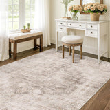 Neutral Living Room Rug - 10x14 Farmhouse Beige Brown Large Area Rug for Dining Room, Bedroom, Low Pile Lightweight Washable