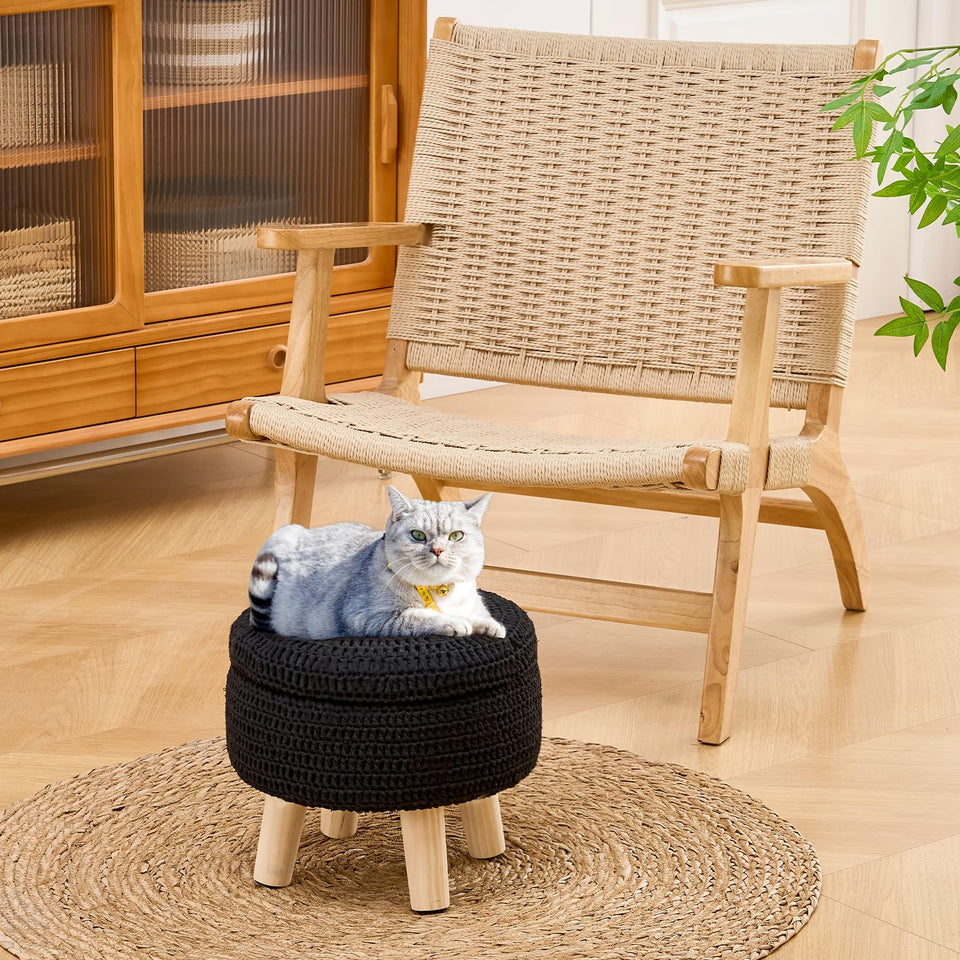 Wimarsbon Pouf Ottoman, 100% Cotton Knitted Boho Footstool, Round Footrest with Non-Skid Wood Legs, Home Décor Handmade Pouffe, Leisure Floor Step Stool for Living Room (Beige)