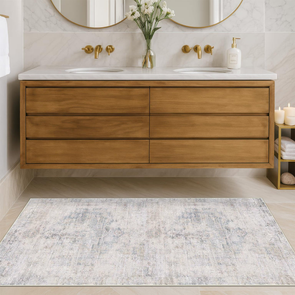 Neutral Living Room Rug - 10x14 Farmhouse Beige Brown Large Area Rug for Dining Room, Bedroom, Low Pile Lightweight Washable