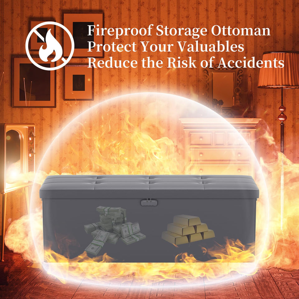 DocSafe Storage Ottoman with Lock,Fireproof Folding Ottoman Foot Rest Stool Storage Chest with Storage Safe for Important Documents,Waterproof 17 Inches Short Ottoman Foot Stool with Handles,Black