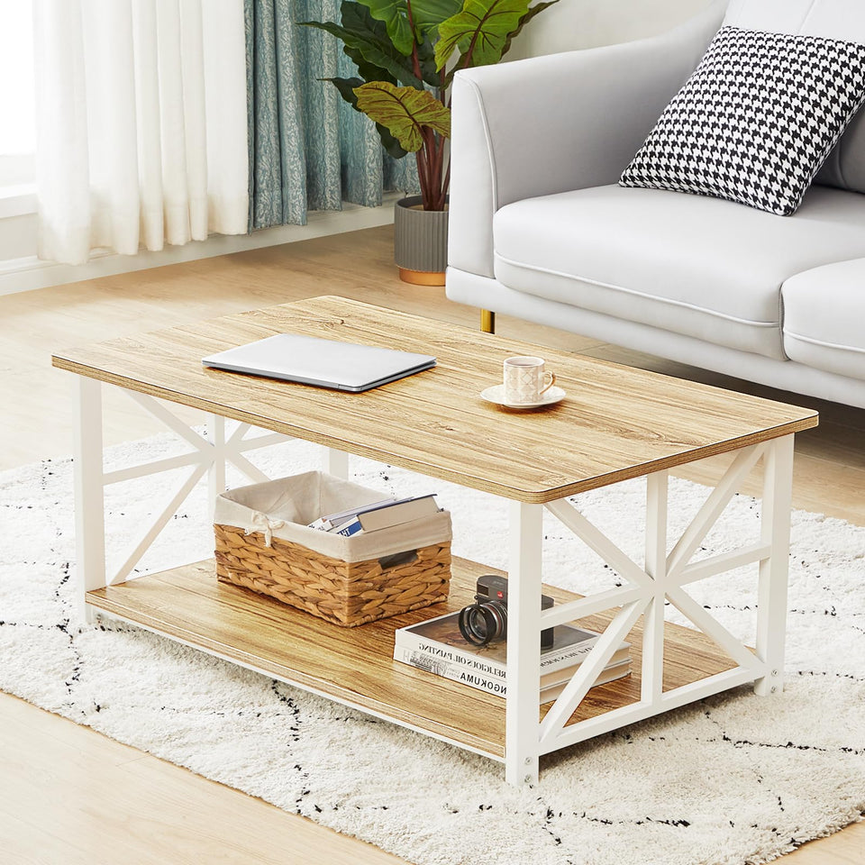 GreenForest Coffee Table for Living Room with Round Corners Farmhouse Style Center Table with Storage Shelf 39 Inch Space Saving Easy Assembly Gray Wash