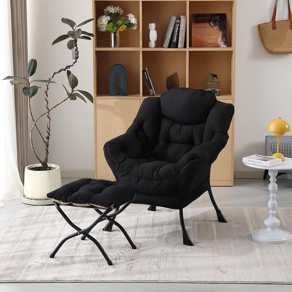 Welnow Lazy Chair with Ottoman, Modern Lounge Accent Chair with Armrests and a Side Pocket, Leisure Sofa Armchair, Reading Armchair with Footrest for Small Space, Dark Grey