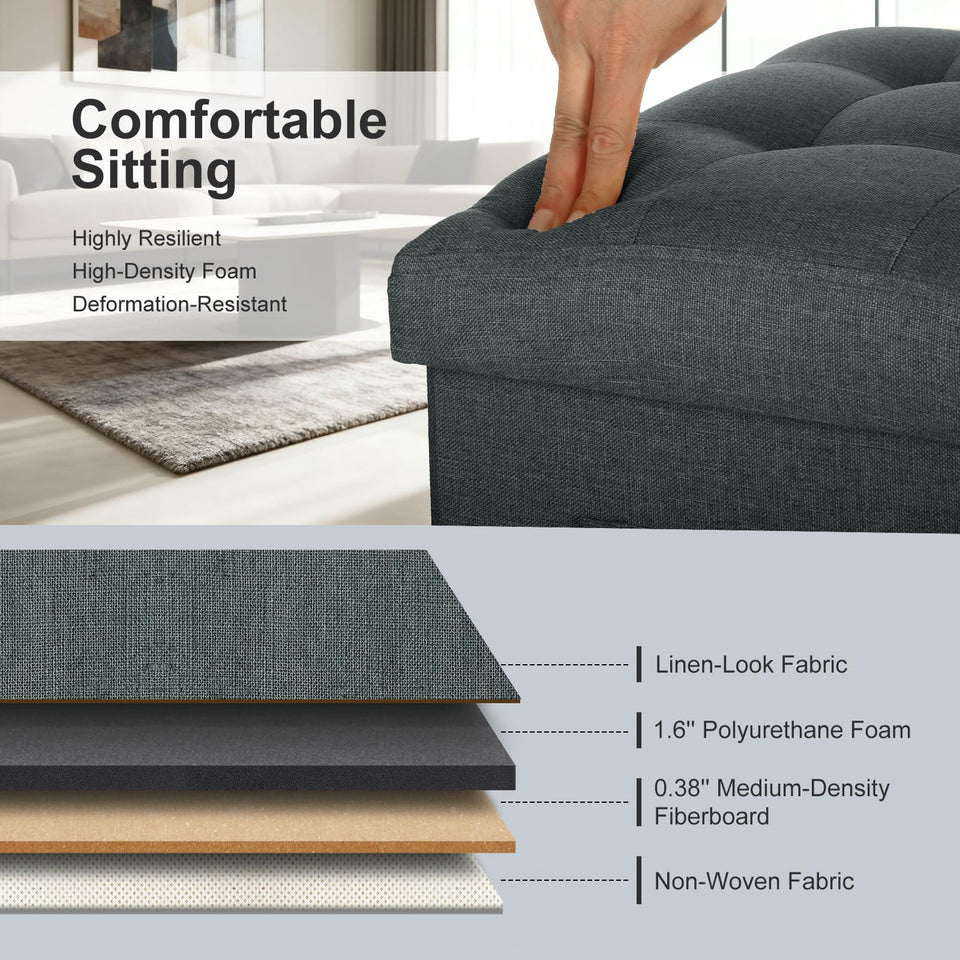 Storage Ottoman with Extra Thick Foam Padded Seat, Foldable Foot Rest Stool with Linen Fabric, 43L Ottoman with Storage Bench for Bedroom Living Room, Holds Up to 300lbs, 17x13x13in, Dark Gray