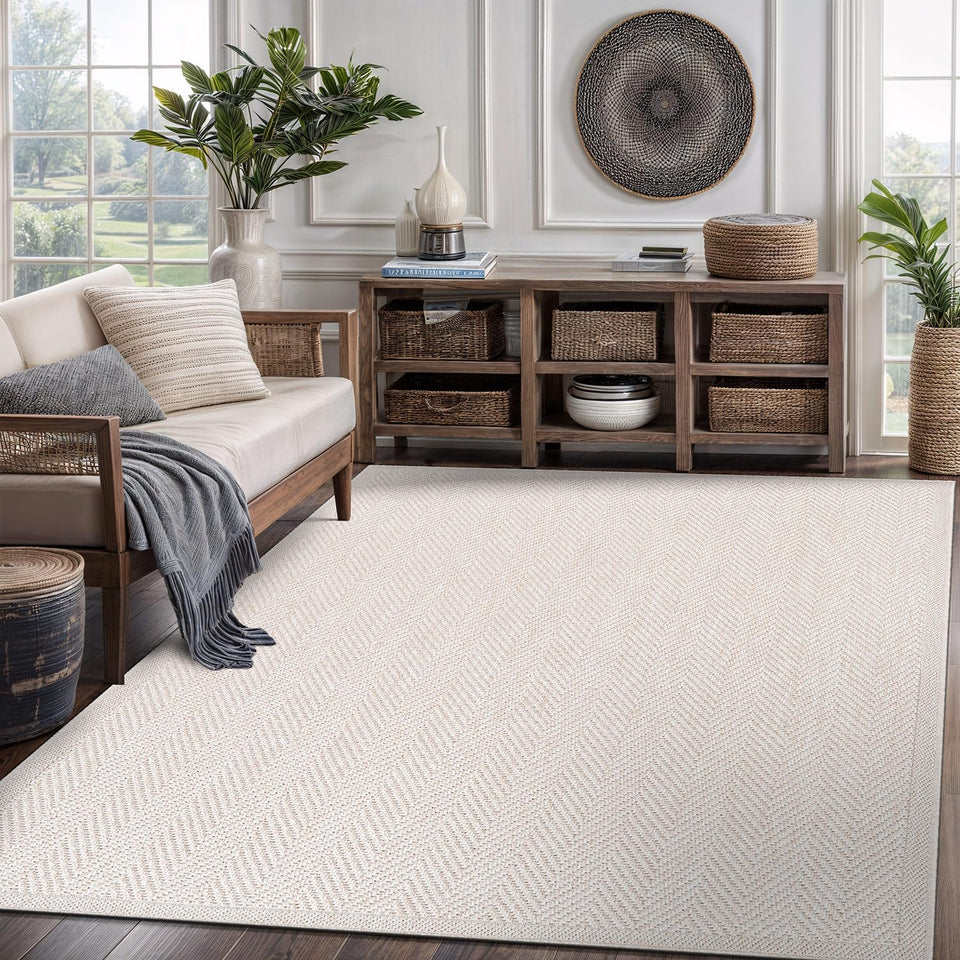 CAMILSON Easy Jute Rug 10x14, Indoor Outdoor Natural Color Fiber Area Rugs for Living Room Patio and Kitchen Rug Herringbone Woven Design Easy-Cleaning Washable Outside Carpet Alfombras 10 x 14